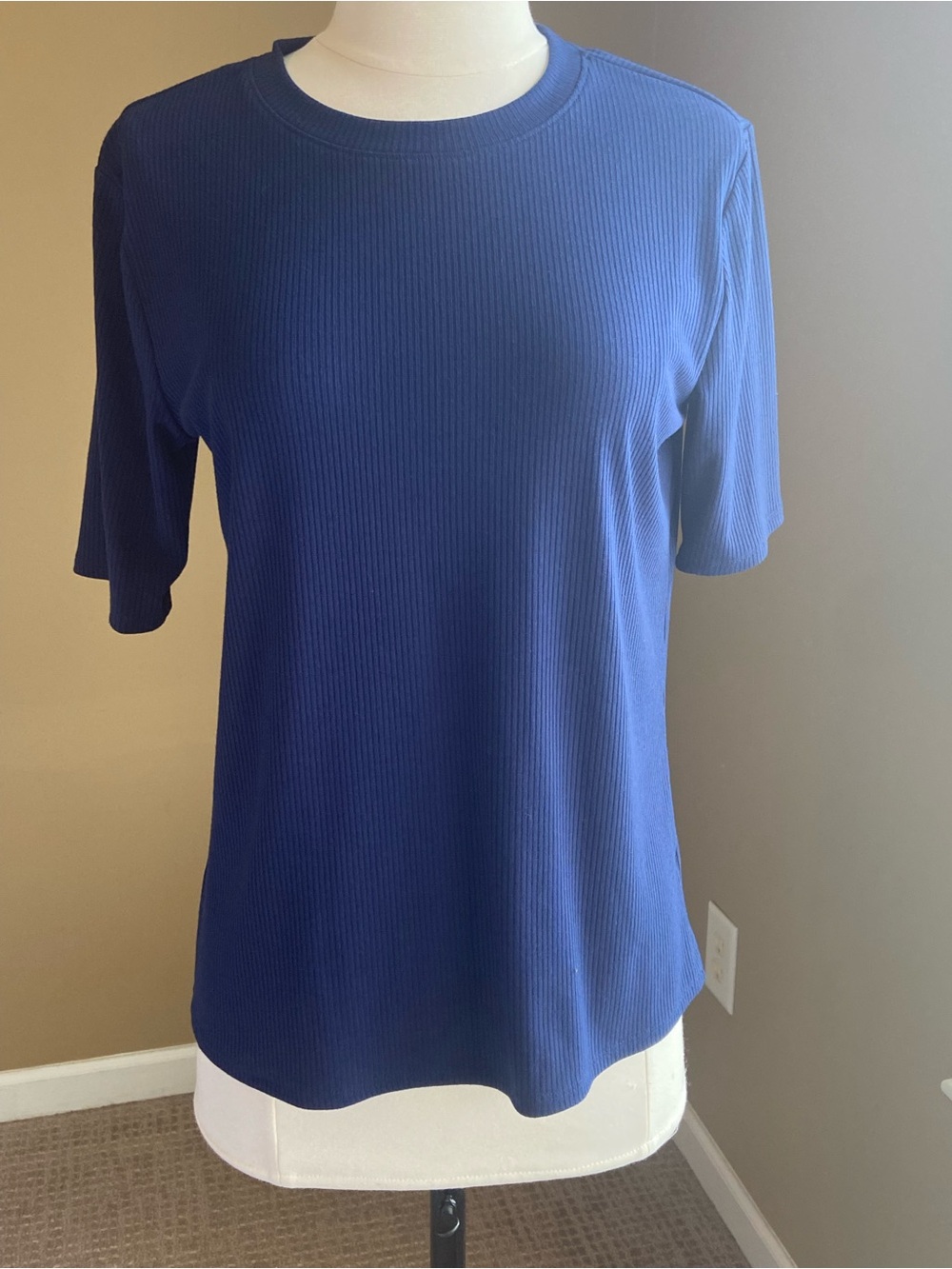 Simply Vera Vera Wang Navy Ribbed Short-Sleeve Tee Large Coastal Minimalist